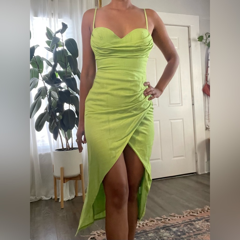 NWOT Here Comes The Sun lime green, wrap dress with side split.